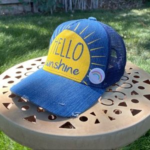 Hello Sunshine Denim Trucker Baseball Cap Hat Distressed Bill Attached With Pin